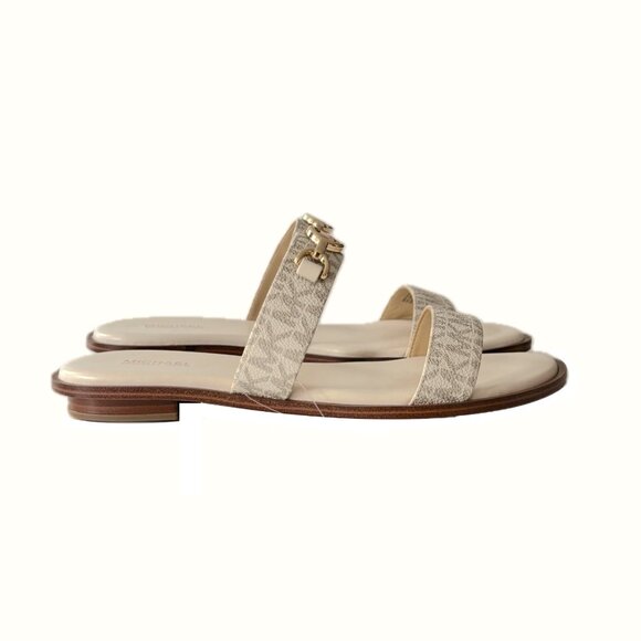 SOLD Michael Kors Wm Sz 8 SlipOn Flat Sandal Ivory Tan Logo Leather Gold Logo - Picture 10 of 14